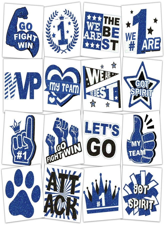 Qpout 160 Pcs Glitter Team Spirit Temporary Tattoos School Team Cheer Face Stickers Cheerleading Party Supplies and Sports Games Decoration(BLUE) - Image 1